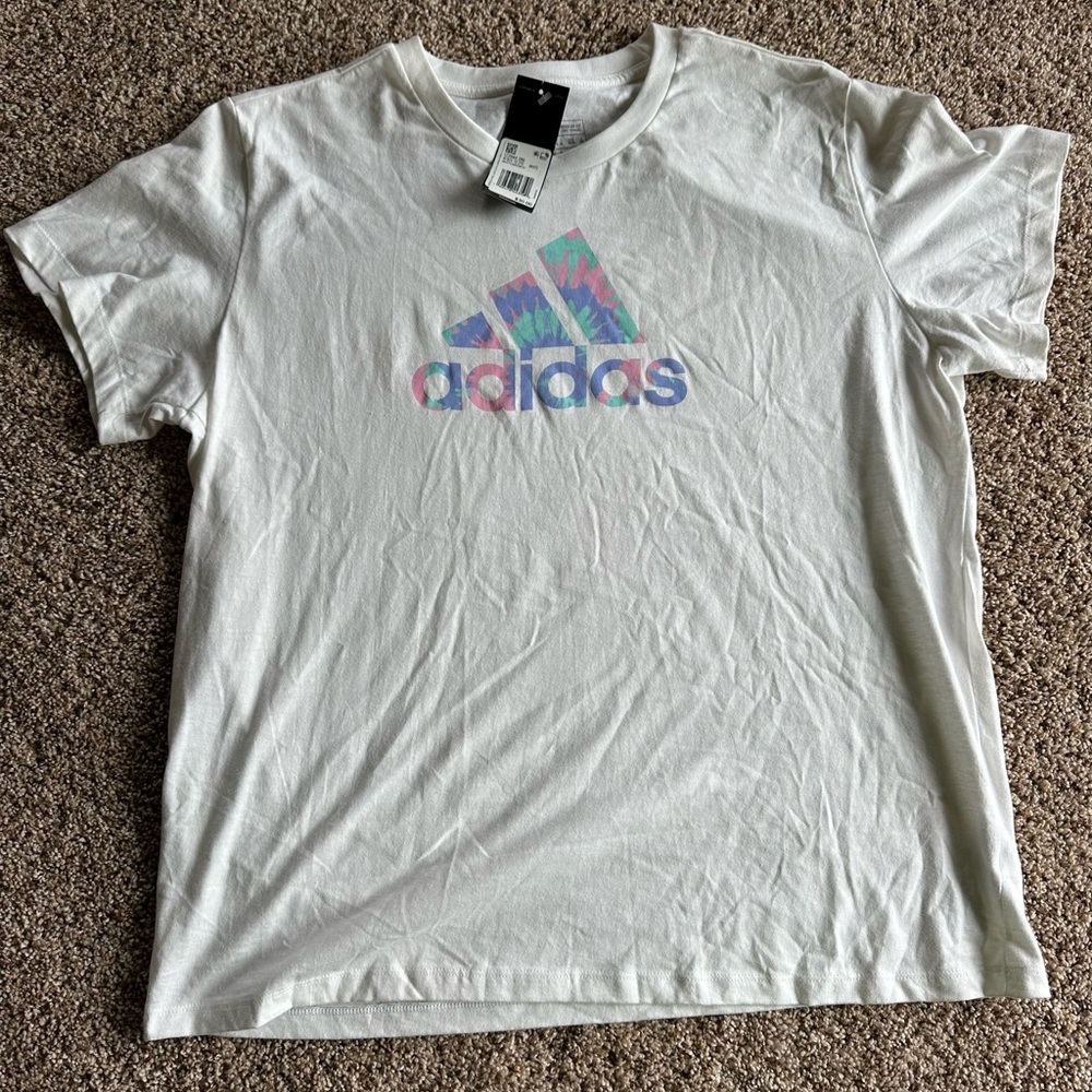 NWT Adidas White Tee with Multicolor Logo 100% Cotton
